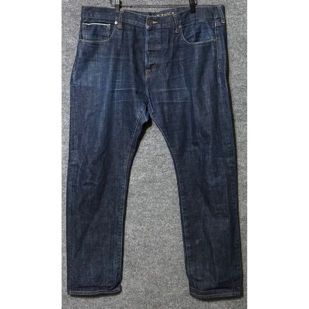 American Eagle Slim Straight Jeans Mens 40x32 Dark Wash Blue Denim Button Fly‎